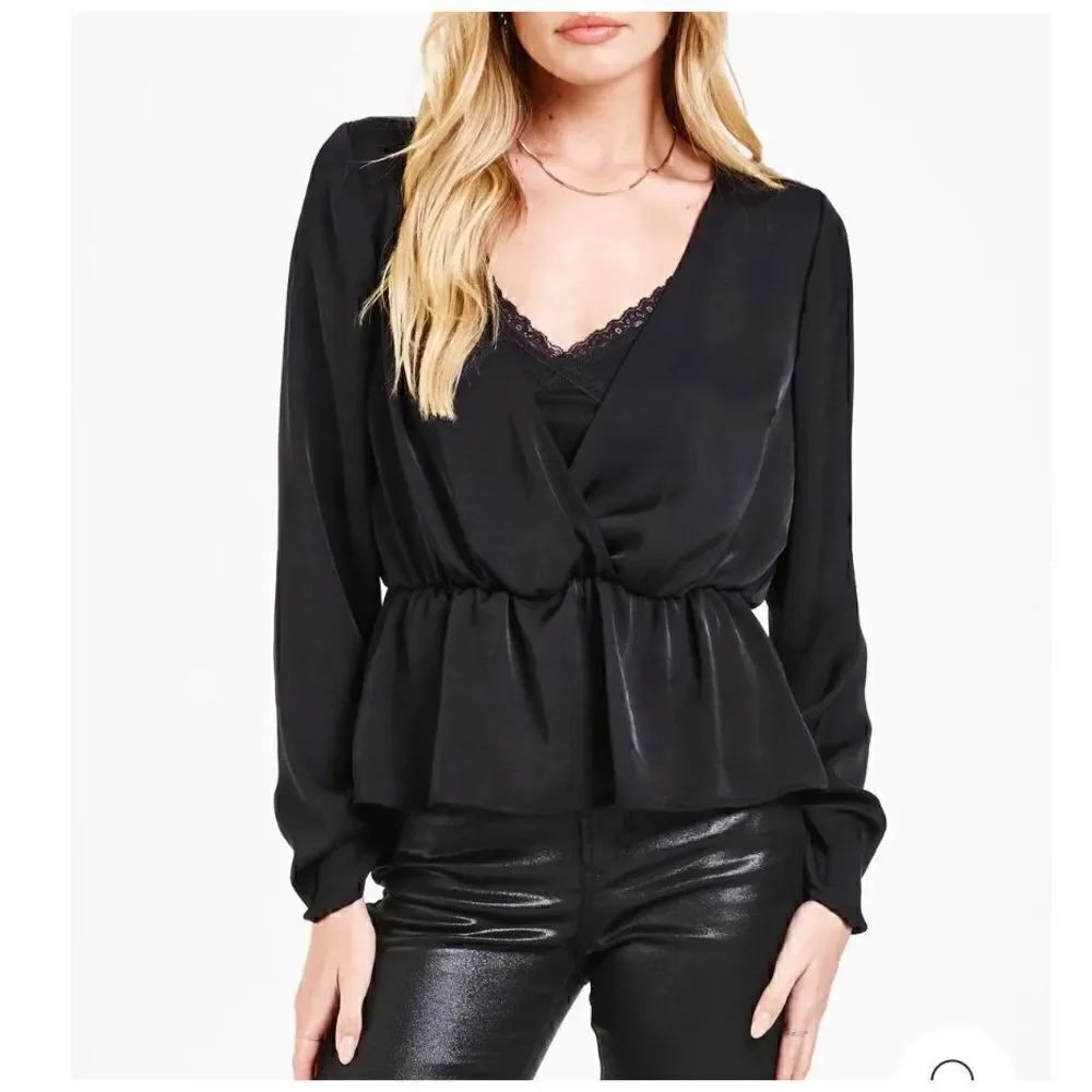 NEW Dear John Paola Silky Wrap Top Shirt Peplum Sleeve Sz M Black V-neck Elastic
